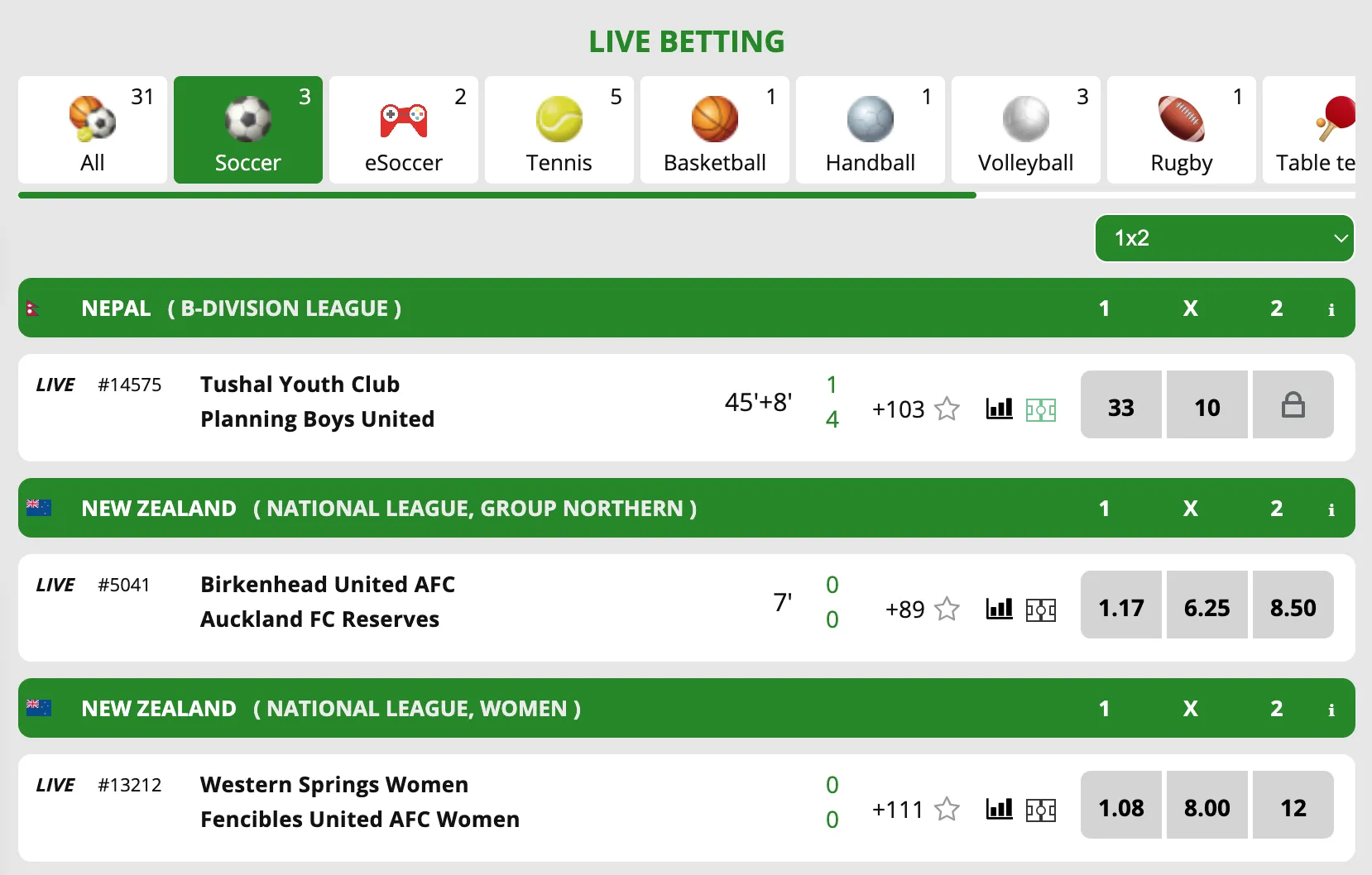 Soccabet live betting section with ongoing sports events and odds